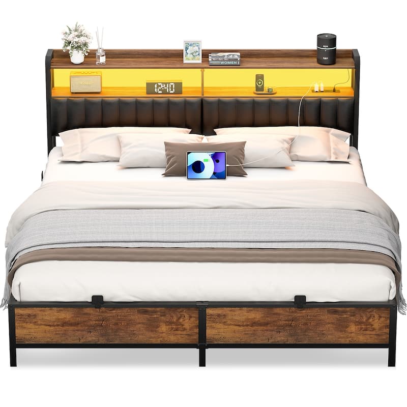 Platform Bed Frame with Upholstered Storage Headboard, Full/ Queen/ King Beds with Charge Station and LED Lights