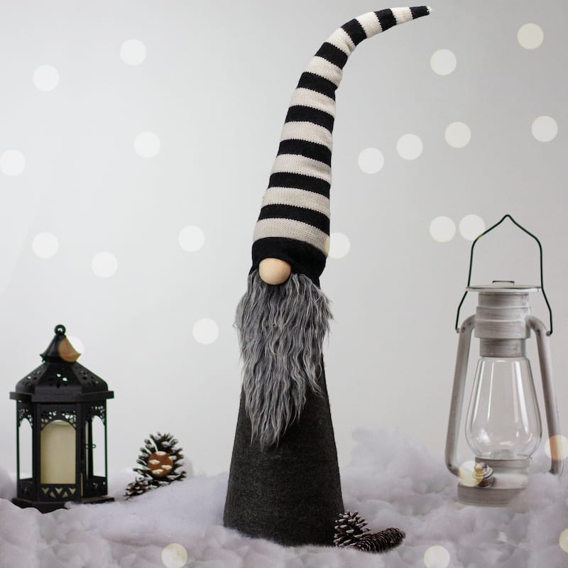 27" LED Lighted Black and White Striped Gnome Christmas Figure