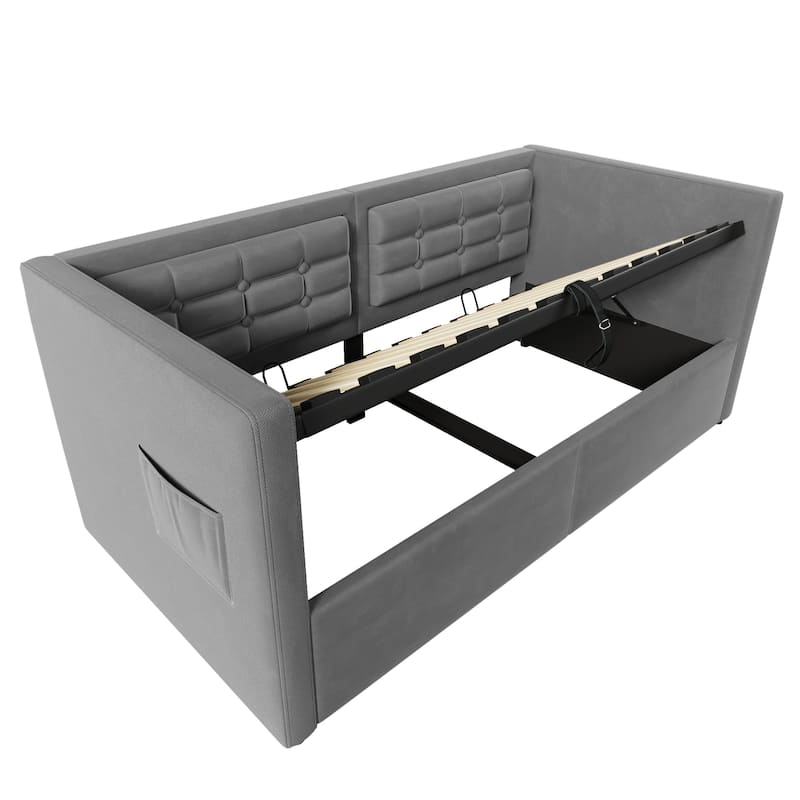 Velvet Tufted Upholstered Daybed Hydraulic Storage Twin Bed Frame with USB & Type-C Charging, Side Pockets and Wooden Slats