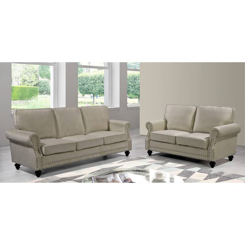 Suffield Velvet Nailhead 2-Piece Set-Loveseat & Sofa - Beige
