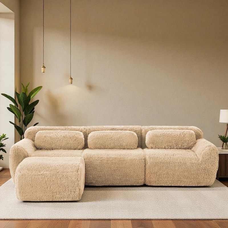 L-Shaped Plush Modular Sofa with Movable Ottoman, Boneless Design, Anti-Slip Base & 32D High-Density Sponge Seating