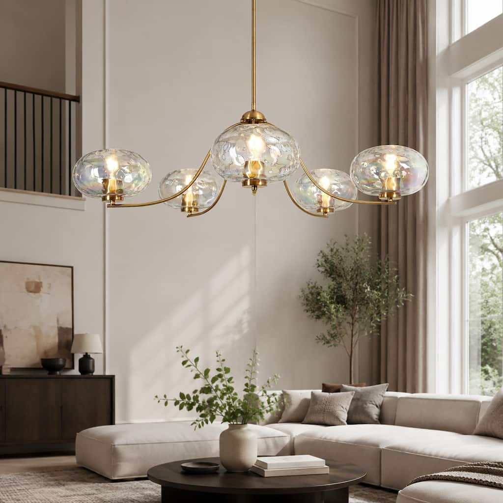Modern Gold 5-Light Wheel Chandelier Globe Colored Glass Light for Dining Living Room - W 41.5" x D 8" x H 12"