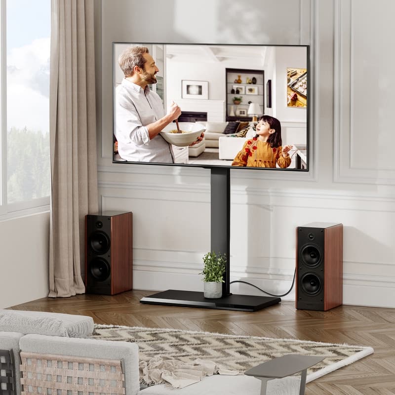 FITUEYES Modern Black Swivel Floor TV Stand with Power Strip Mount for TVs up to 85 inch Metal Base
