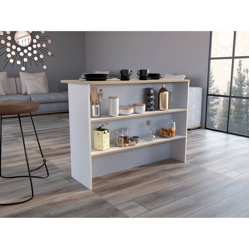Fendi Kitchen Island with Ample Workstation and 2-Tier Shelf White / Light Pine