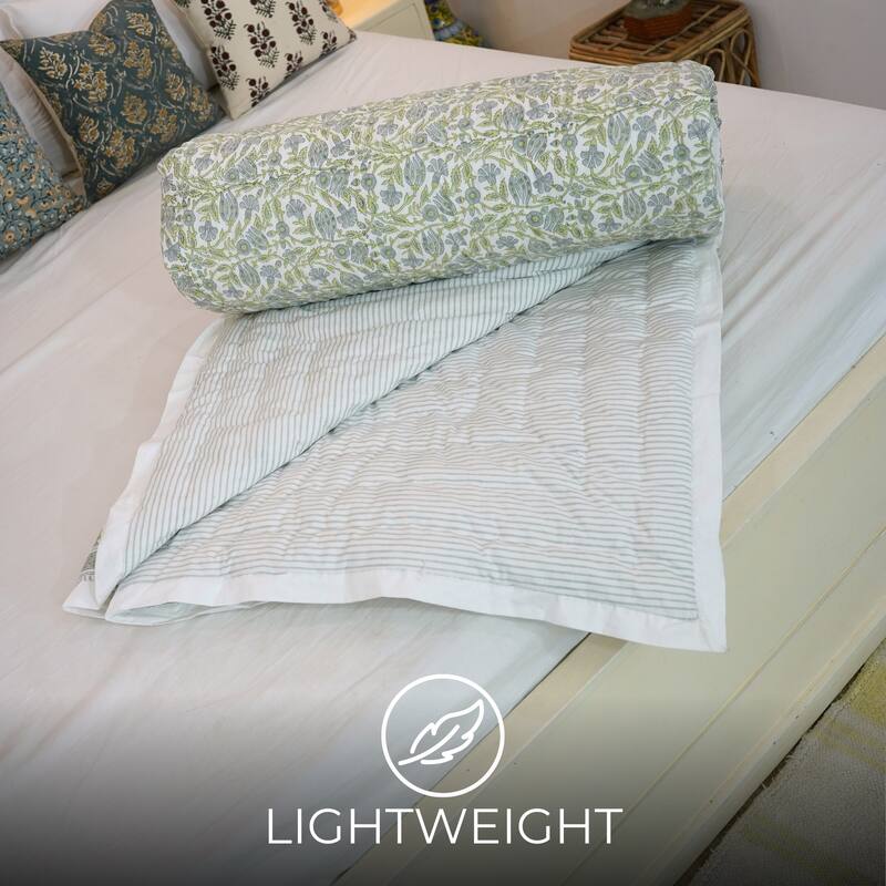 Fabdivine Vegetable Dyed Hand Block Print Cotton Quilt - Blue Green Floral, Eco-Friendly Artisan Bedding Reversible Bedspread