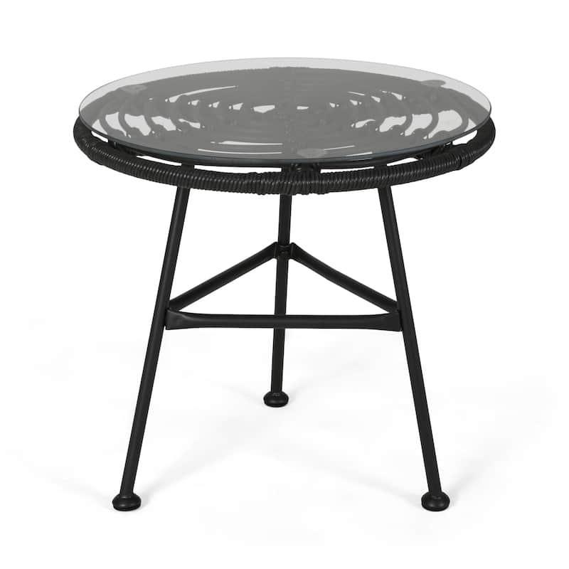 Roomfitters Round Outdoor Side Table, Accent End Table with Tempered Glass Top, Wicker Steel Frame, Patio End Table
