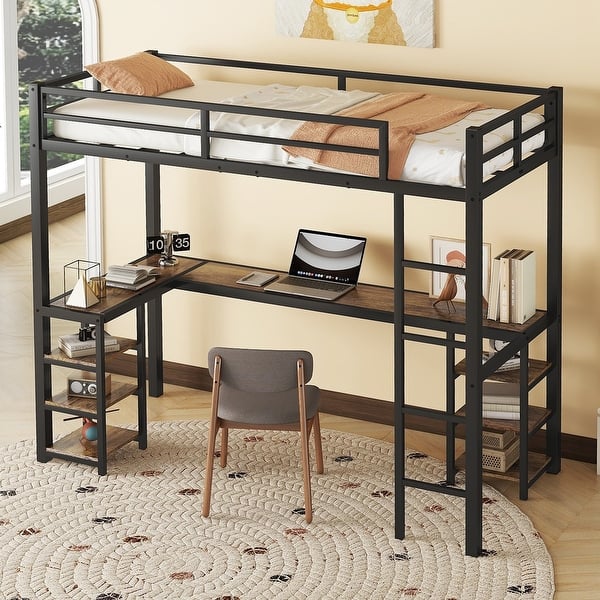 slide 2 of 35, Loft Bed Frame with Ladder and Guardrails, Metal Loft Bed with L-Shaped Desk and Storage Shelves for Unisex Bedroom, Dorm Black Brown - Twin XL