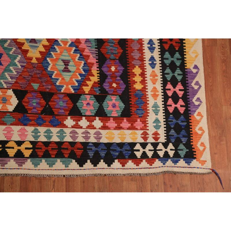 All-Over Geometric Kilim Oriental Large Rug Flatweave Wool Carpet - 10'1"x 15'11"