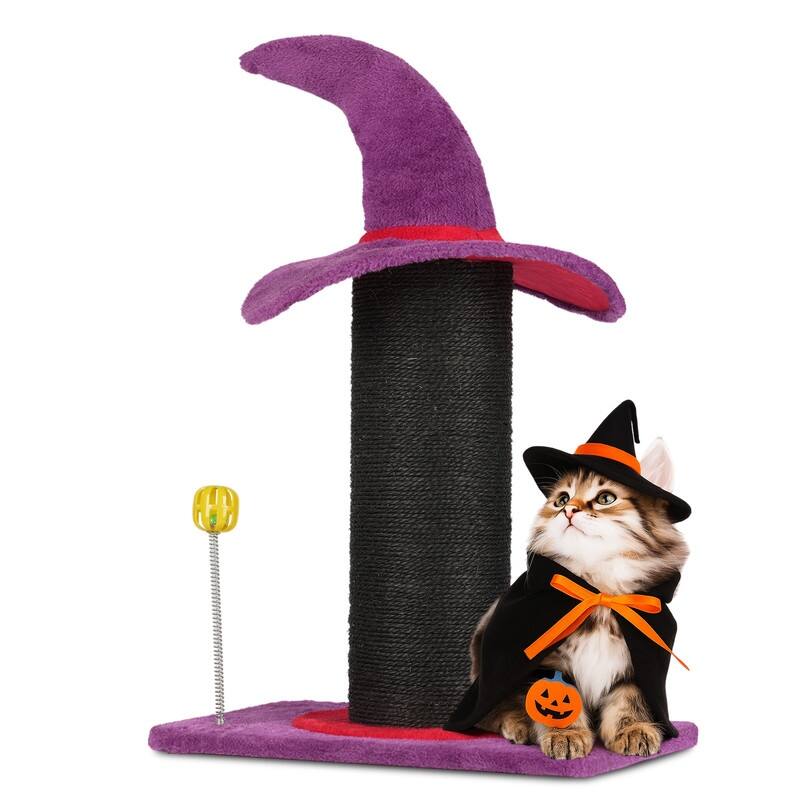 Wizard Hat Cat Scratching Post with Spring Ball Toy for Indoor Cats, Halloween Spooky Cat Scratcher, Purple