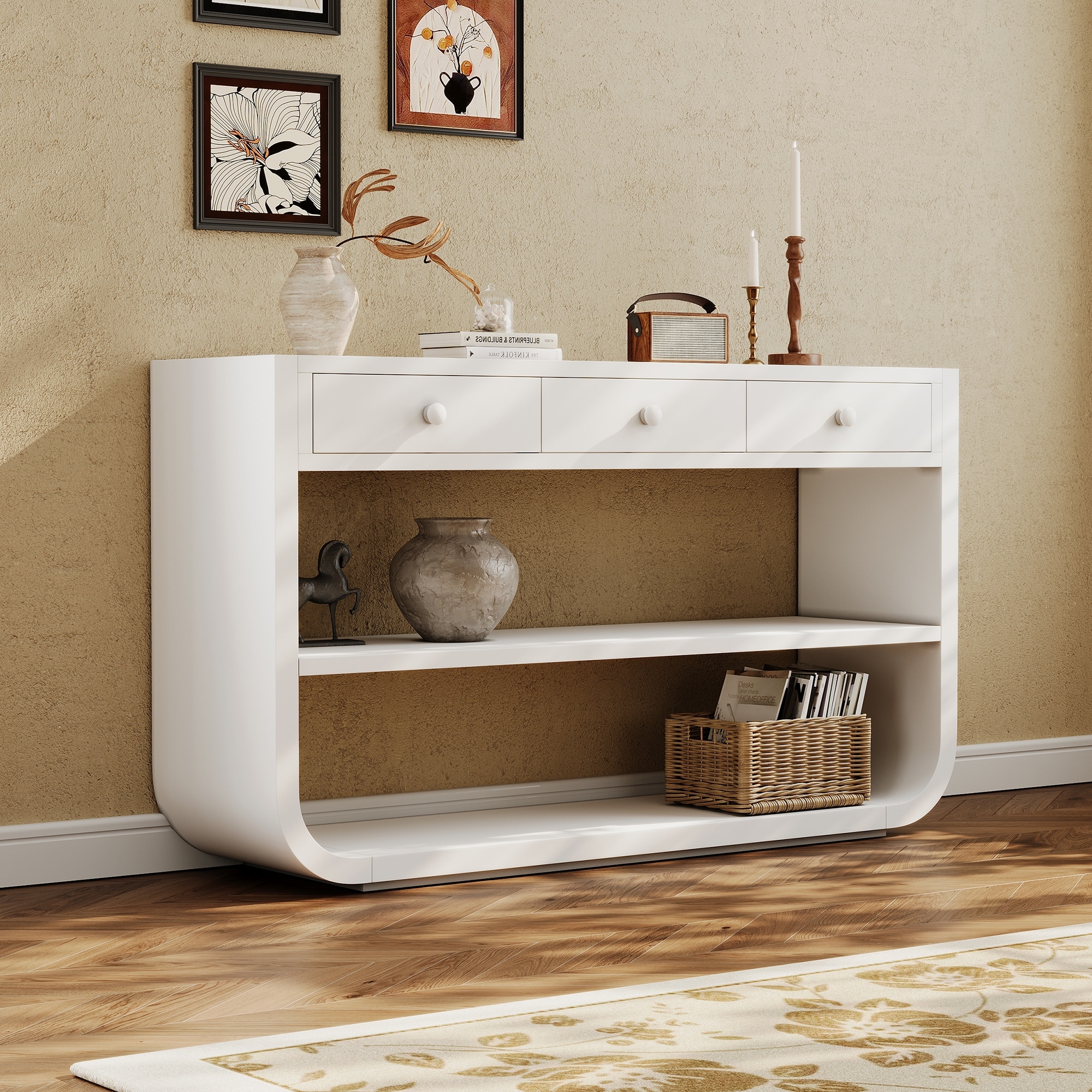 Modern Curved Console Table with 3 Soft-Close Drawers & 2 Open Shelves, Solid Wood Base, Entryway Table for Living Room Hallway