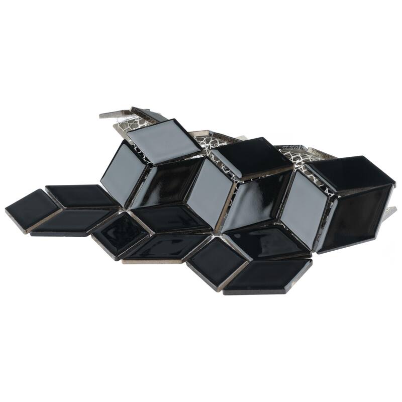 Merola Tile Hudson Rhombus Glossy Black 10-1/4" x 11-3/4" Porcelain Floor and Wall Tile