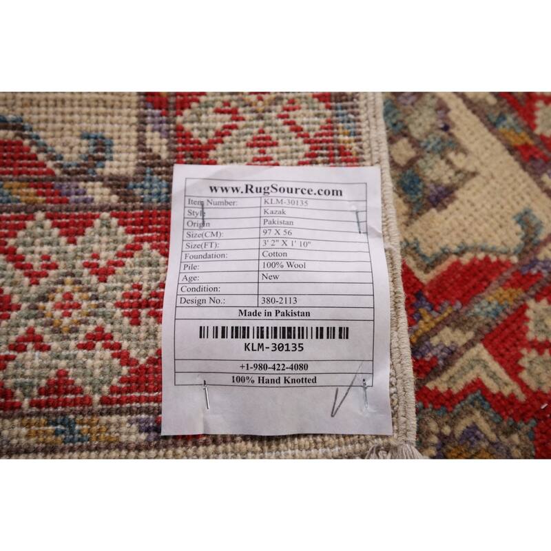 Geometric Kazak Oriental Foyer Rug Handmade Traditional Wool Carpet - 1'10" x 3'2"