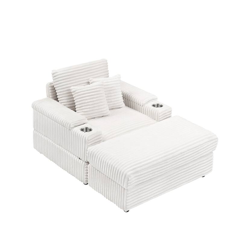 White Corduroy Single Sofa with Pillows and Ottoman