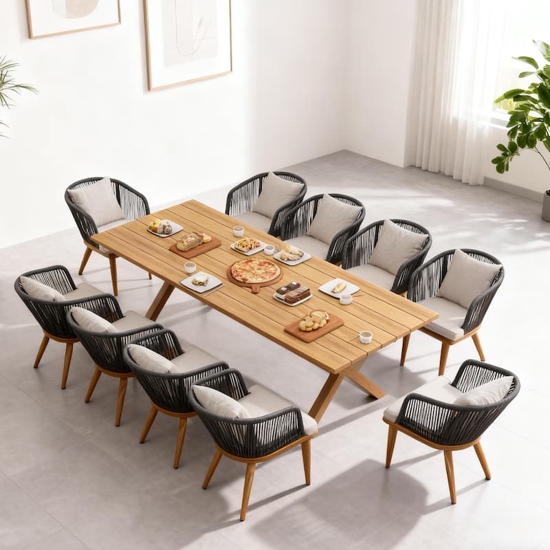 PURPLE LEAF dinnig set for the living room and dining room modern and simple design combining durability and aesthetics - Teak(11 Pcs Rectangular Teak Table)