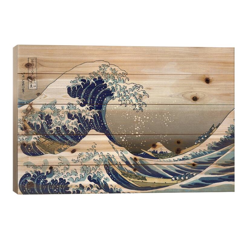 The Great Wave at Kanagawa, 1829 Print On Wood by Katsushika Hokusai - Multi-Color - 26x40x1.5