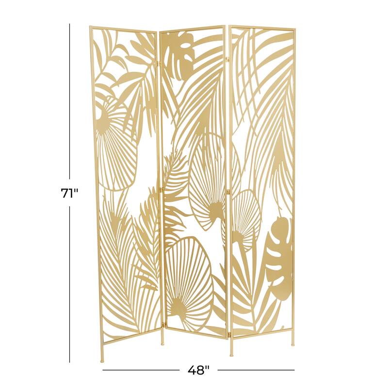 Gold Metal Foldable Partition Cutout Palm Leaf 3 Panel Leaf Partition Room Divider Screen