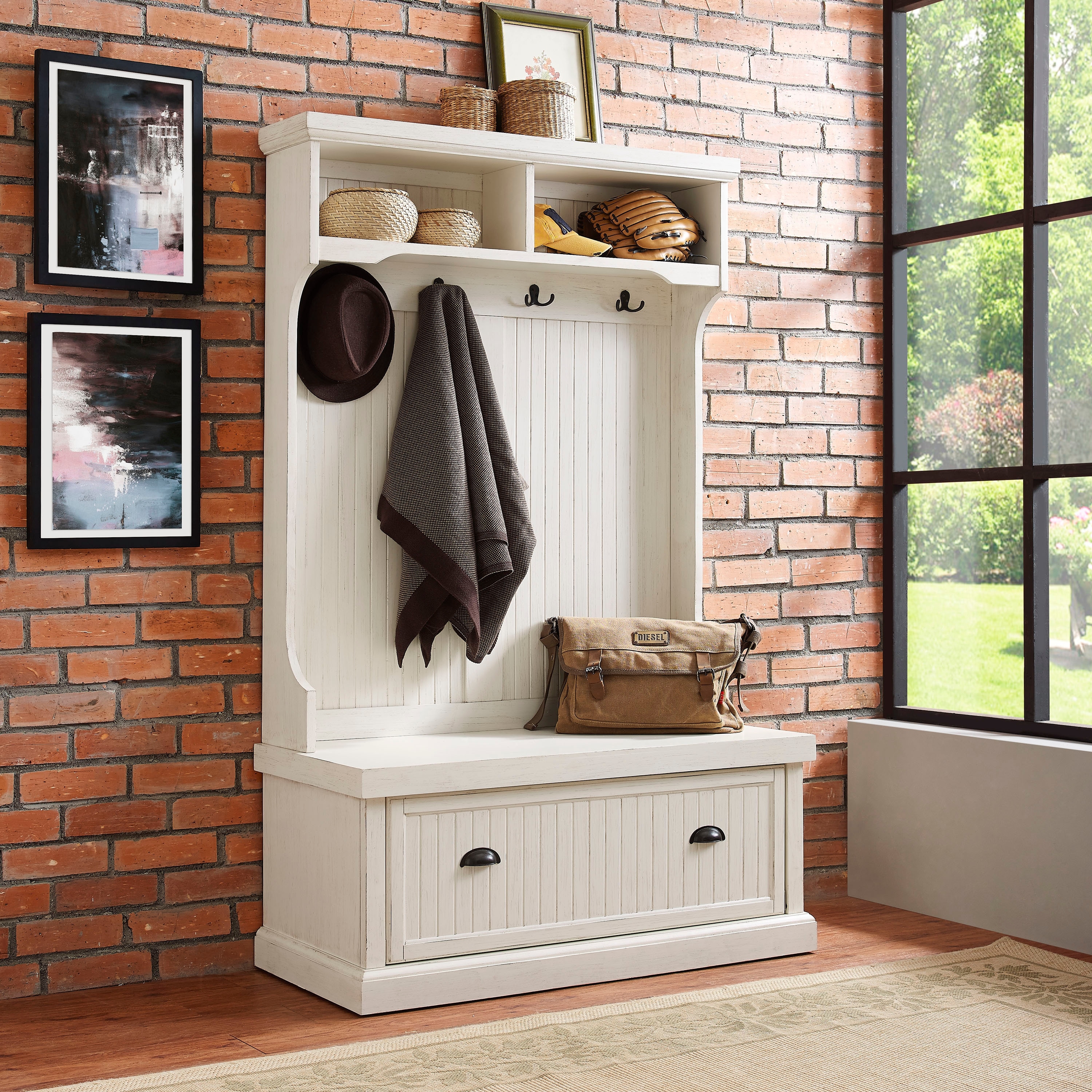 Crosley Seaside Distressed White Hall Tree