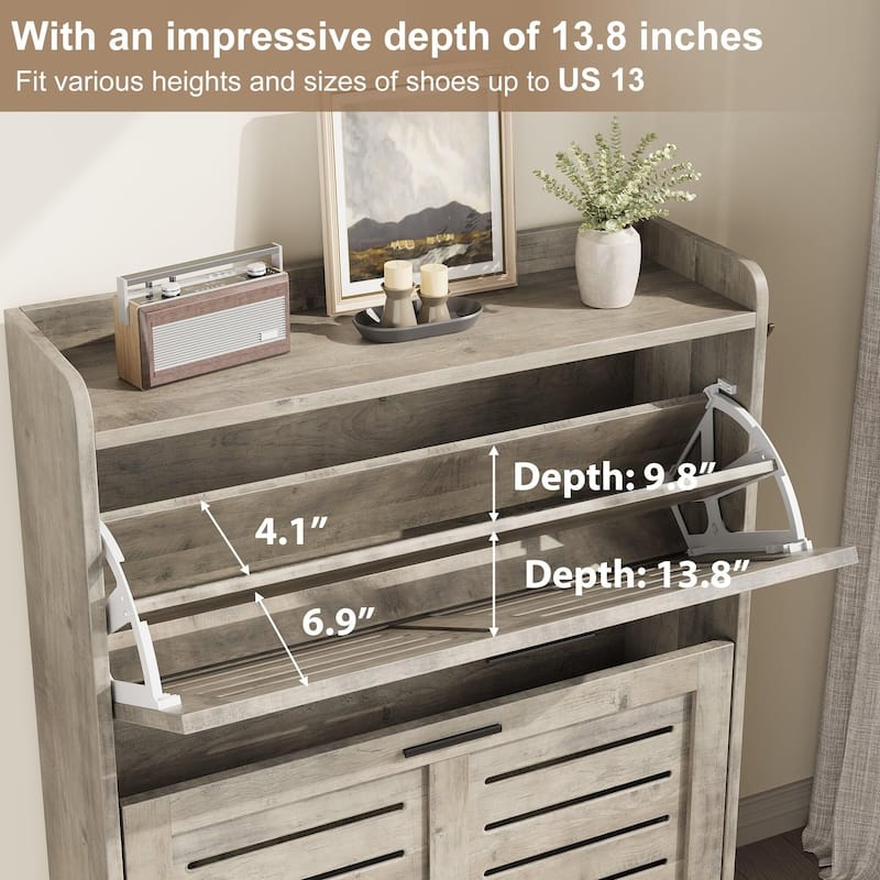 Slim Entryway Shoe Cabinet, 2 Flip-Drawer Organizer with Adjustable Shelves