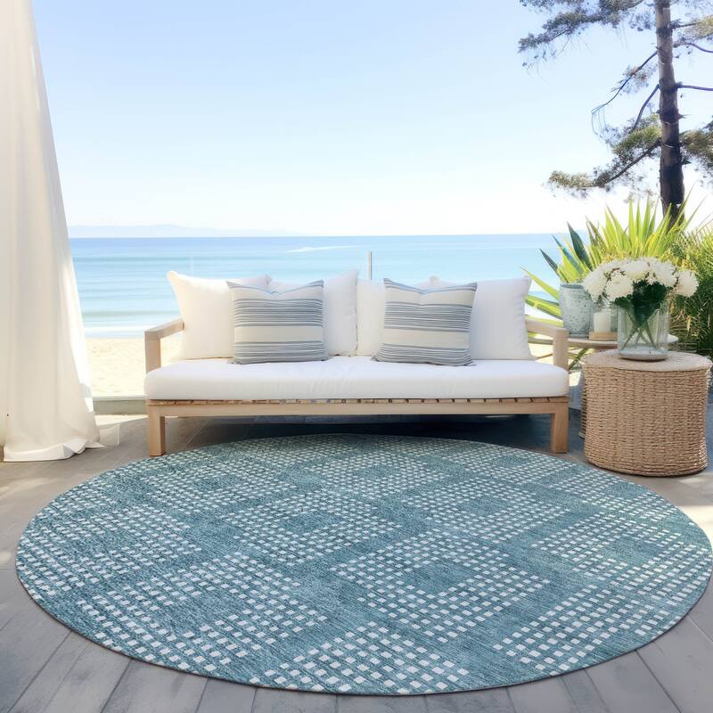 Machine Washable Indoor/ Outdoor Chantille Houndstooth Modern Rug - Teal - 8' x 8'
