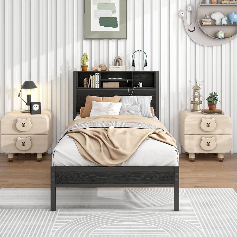 Twin Size Metal Platform Bed with USB Ports & Outlets, Storage Headboard Shelf, Underbed Space, Noise-Free Frame