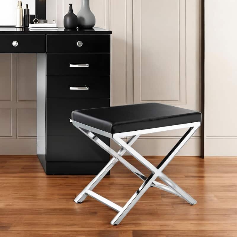 HomeRoots 21" Black and Silver Faux Leather Vanity Chair - 20.7 in. x 18.3 in. x 14.37 in. - 20.7 in. x 18.3 in.  x 14.37 in.