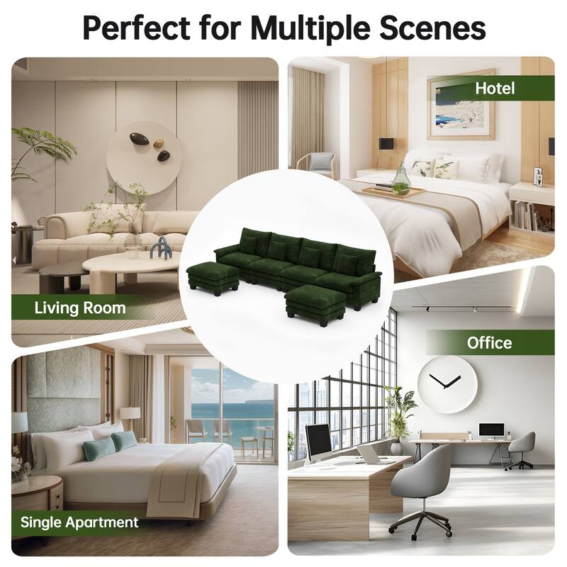 144" Modular Compression Sofa Set Convertible Sectional Sleeper Couch with 2 Ottomans