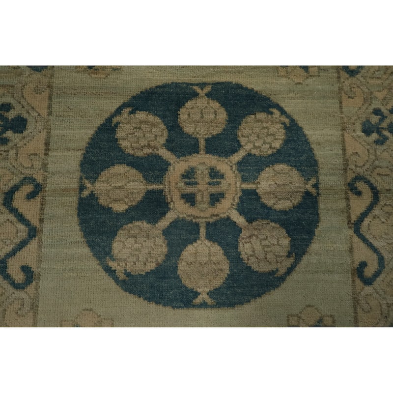 Hand Knotted Oriental 100% Wool Carpet Transitional Geometric Green Khotan Runner Rug - 11' 11'' X 3' 3''