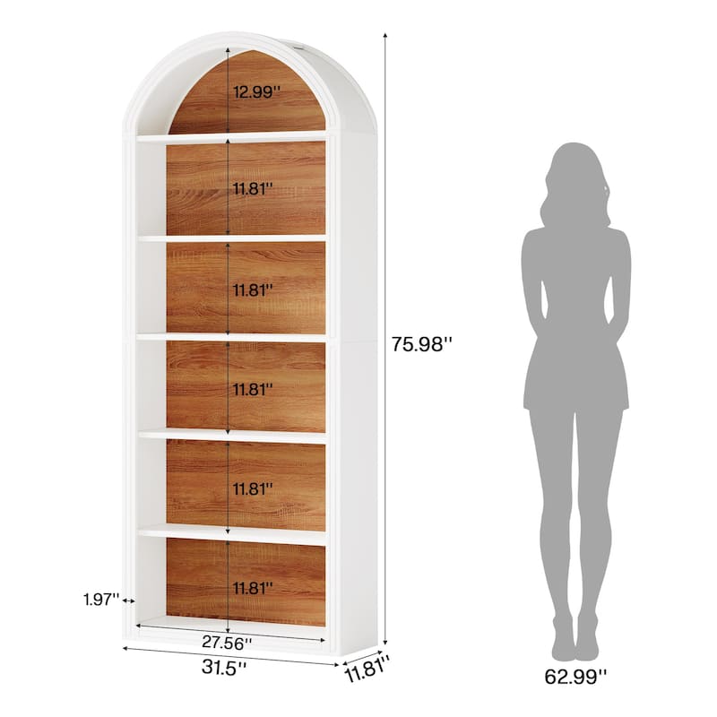 6-Tier Tall Arched Bookshelf for Living Room, Bedroom - 11.81"D x 31.5"W x 75.98"H