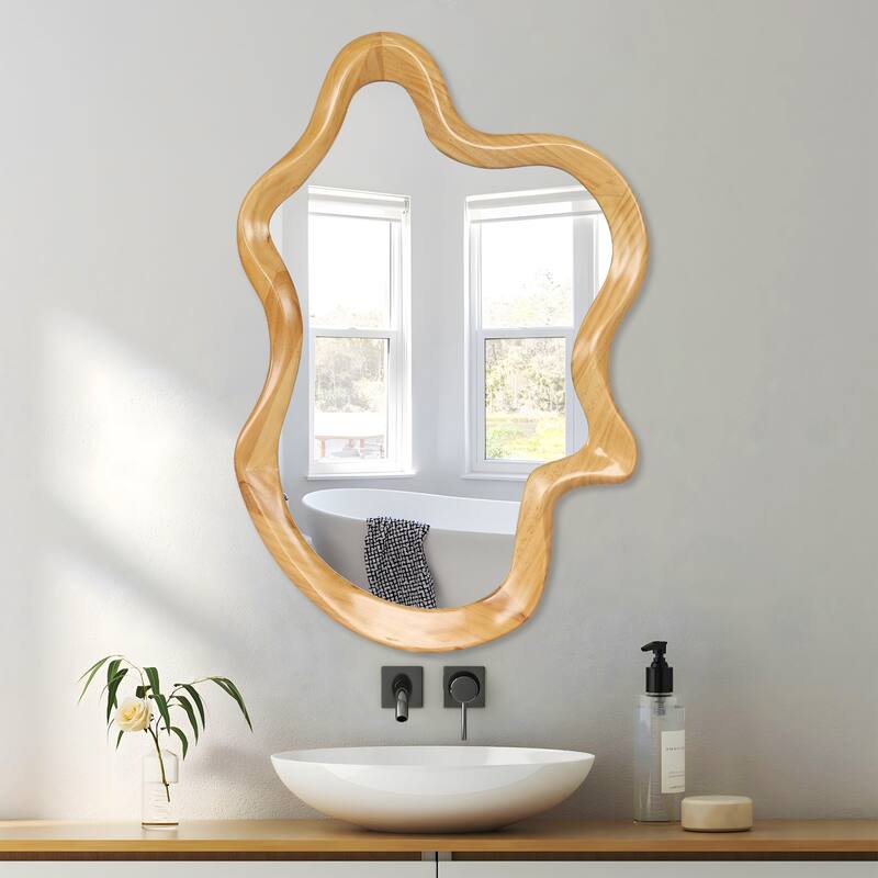 33.46" x 22.24" Irregular Shaped Wall Mirror with Natural Wood Frame