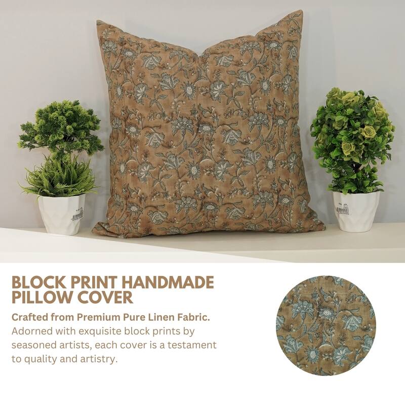 Fabdivine Block Print 12x20 Inch Pillow Cover Pure Linen Floral Farmhouse Decor Accent for Brown Soft, Cushion Case, Kanak Buti