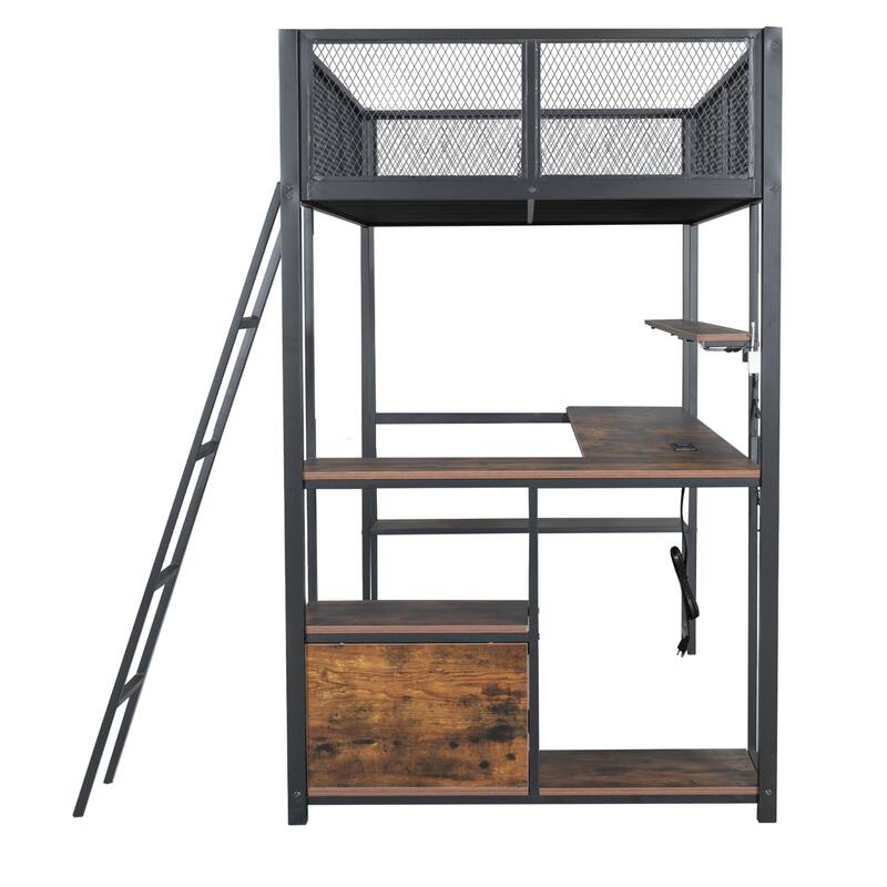 Twin Size Metal Loft Bed with Built-in Work Station, LED and Multiple Storage, White