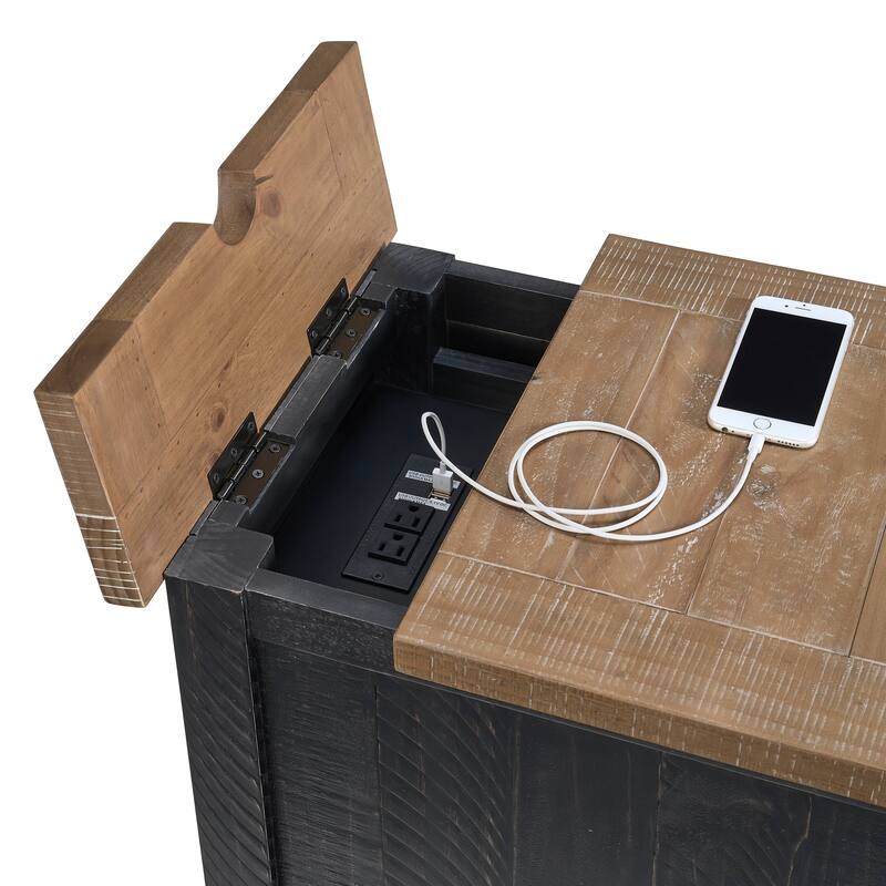Rustic Solid Wood Chairside End Table with Hidden Charging Station