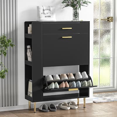 Anmytek 16 Pairs Black Slim Shoe Storage Cabinet Freestanding Shoe Rack Organizer with 2 Flip Drawers for Entryway
