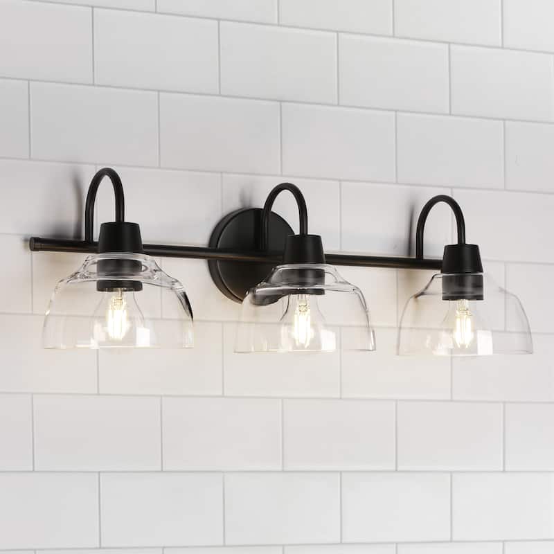 Regan Modern Black 3-Light Linear Farmhouse Bathroom Vanity Lights Dome Glass Wall Sconces - 23.6'' L x 6.5'' W x 8.3'' H