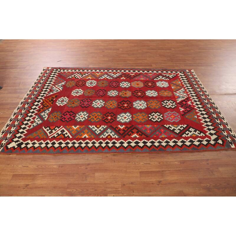 Red Kilim Qashqai Persian Vintage Rug Flatweave Oriental Wool Carpet - 5'2"x 7'6"