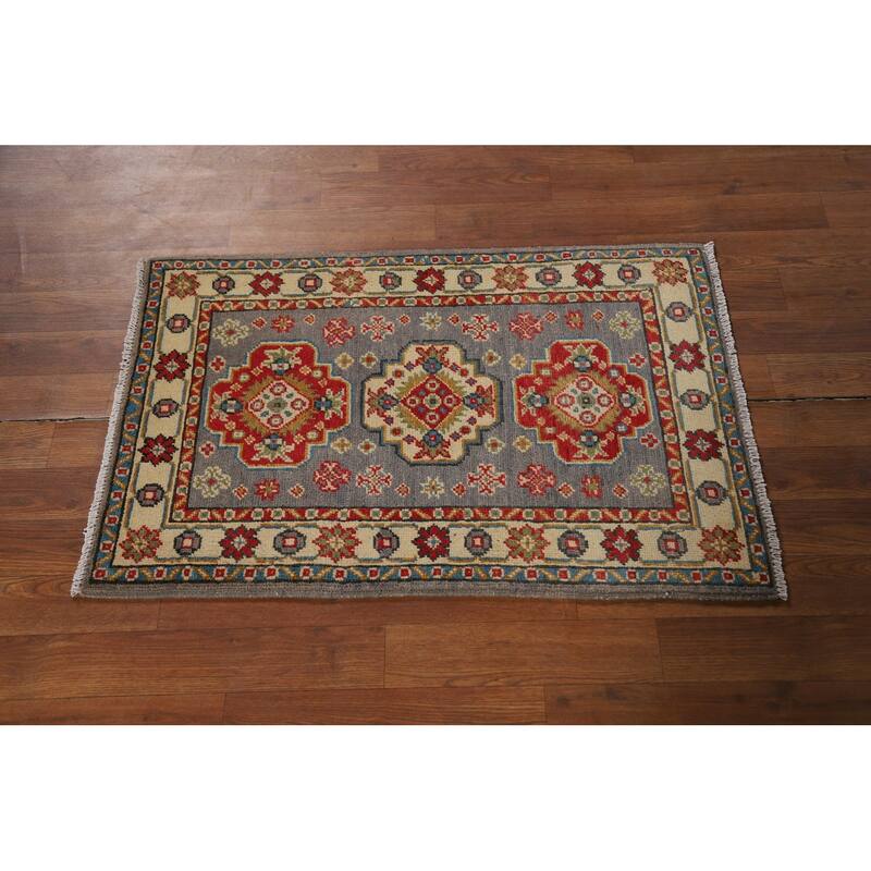 Gray Geometric Kazak Oriental Foyer Rug Handmade Wool Carpet - 2'0" x 3'0"