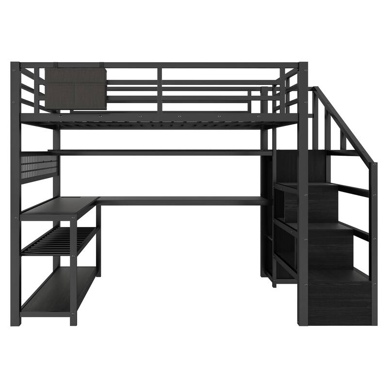 Full Size Metal Loft Bed with Staircase and Wardrobe, Loft Bed Frame with Desk, Storage Shelves, LED Lights and Charge Station