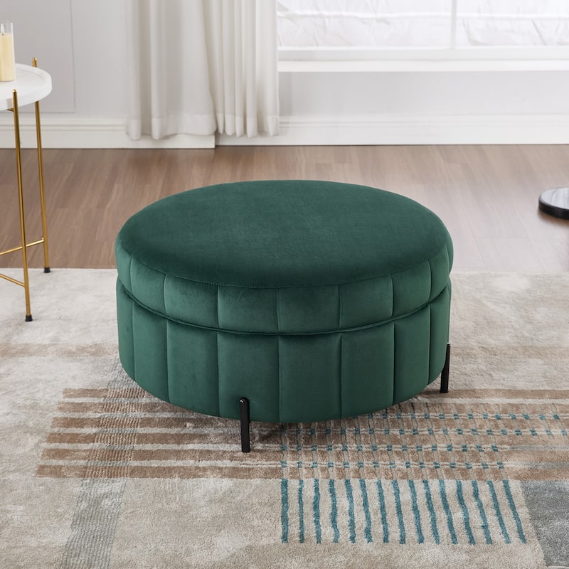 31.5"W Upholstered Round Ottoman With Reversible Lid, Velvet Storage Stool, Channel Tufted Pumpkin-shape Footstool