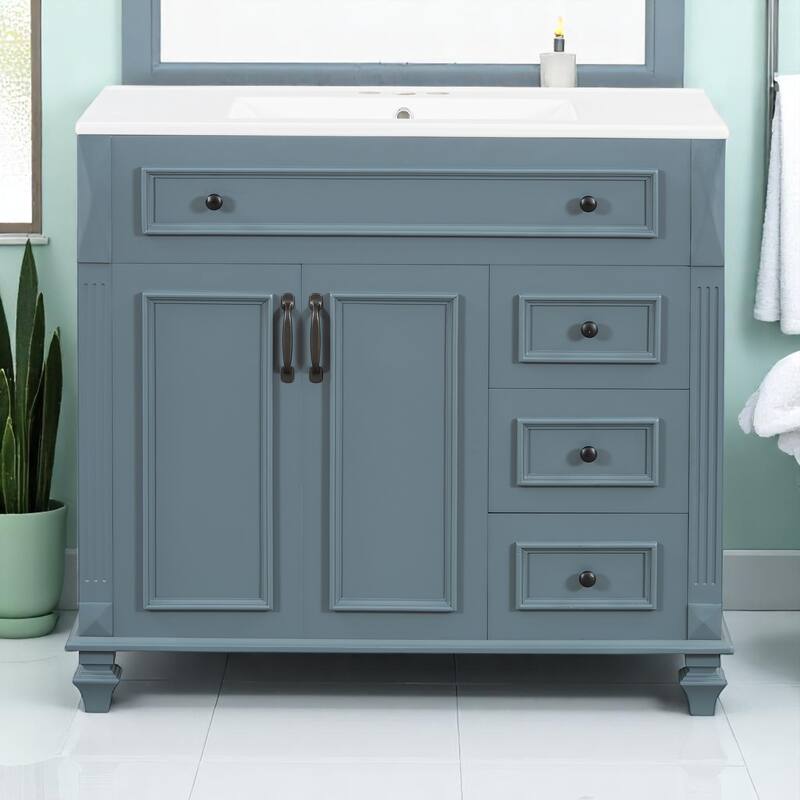 36" Bathroom Vanity with Sink, Freestanding White Cabinet with Gold Hardware, Ceramic Top, Flip Drawer, Soft-Close Doors