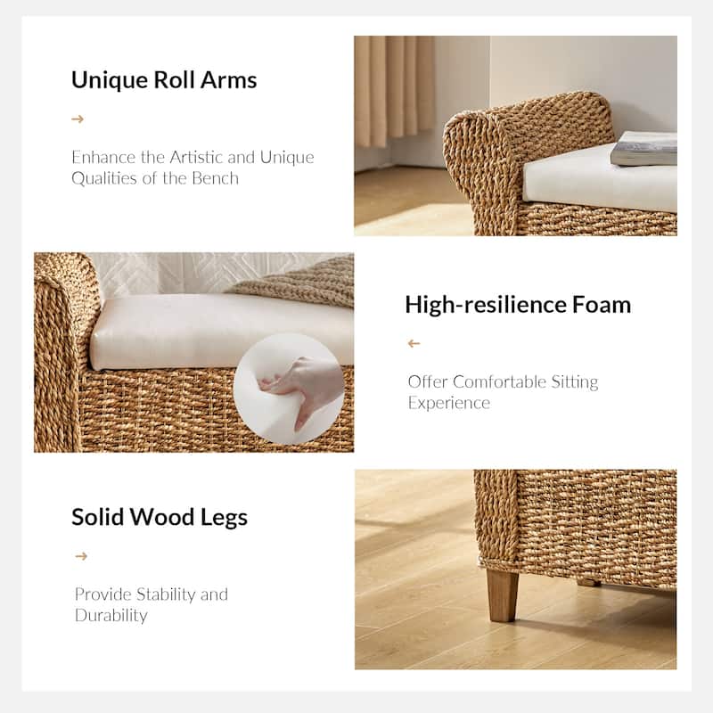 Bab Boho Farmhouse Ratten Storage Bench with Hollow-Carved Designs by HULALA HOME