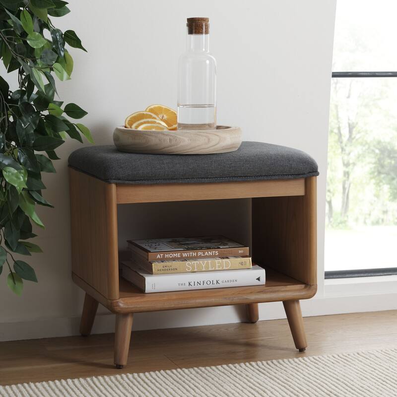 SAFAVIEH Marilla Open Shelf Bench with Cushion - 20" W x 15" D x 18" H - 20Wx15Dx18H - Dark Grey/Natural