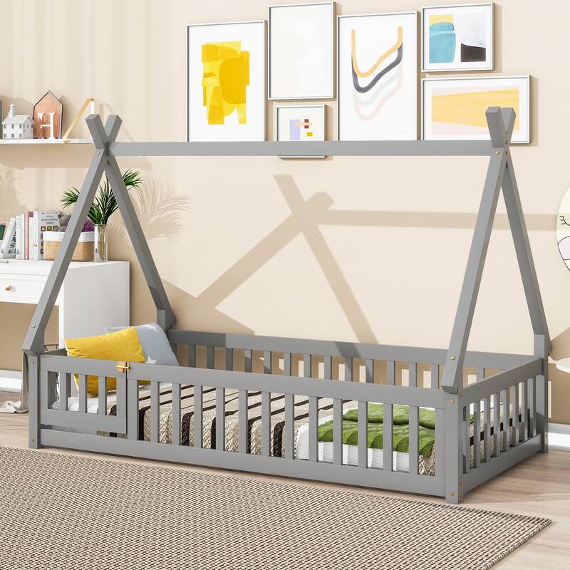 Twin Tent-Shaped Floor Bed with Guardrails and Teepee Design for Children's Bedrooms, Small Space