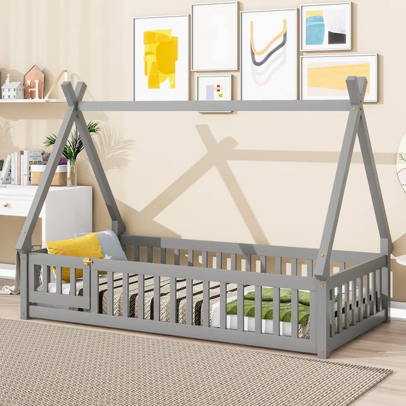 Twin Tent-shaped Floor Bed with Guardrails, Slats, and Door in Grey