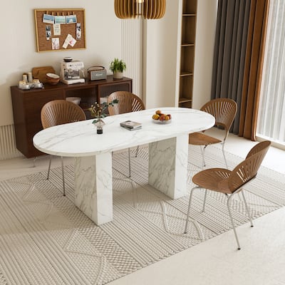 62.9 Inch Oval Dining Table for 6, Marble Top Kitchen Table with Wood Strip Base, Modern Farmhouse Dining Room Table