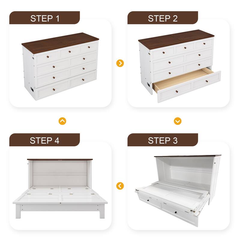 White+Walnut Full Size Solid Pine Murphy Bed with Charging Station & Storage Drawer