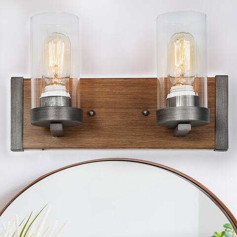 Farmhouse Rustic 2-light Pinewood Glass Bathroom Vanity Light Sconce - Wood Grain/Brushed Nickel - L 14"x W 5"x H 8.5"