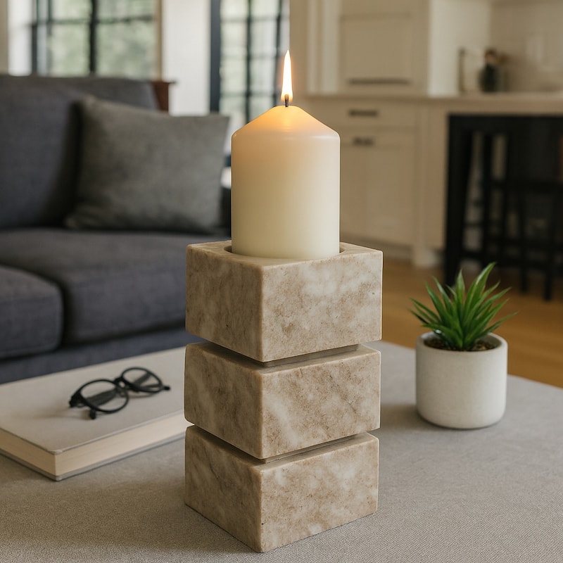 Modern Onyx Marble Stacked Cubes Candle Holder - Ivory & Tan