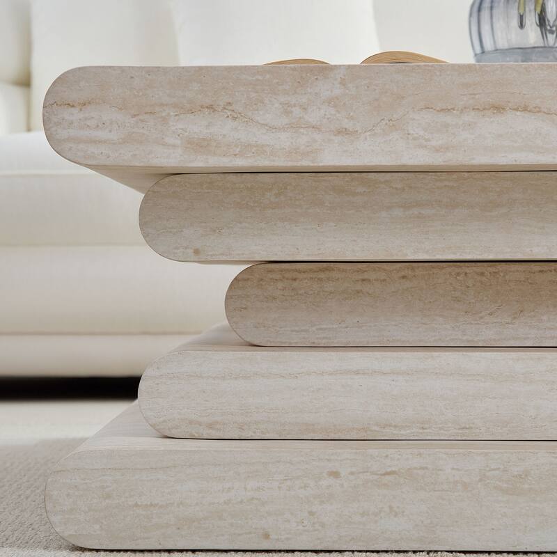 33.86"Square Faux Travertine Pattern Coffee Table for Living Room,MDF Table,Modern Irregular Coffee Table with Layered Base