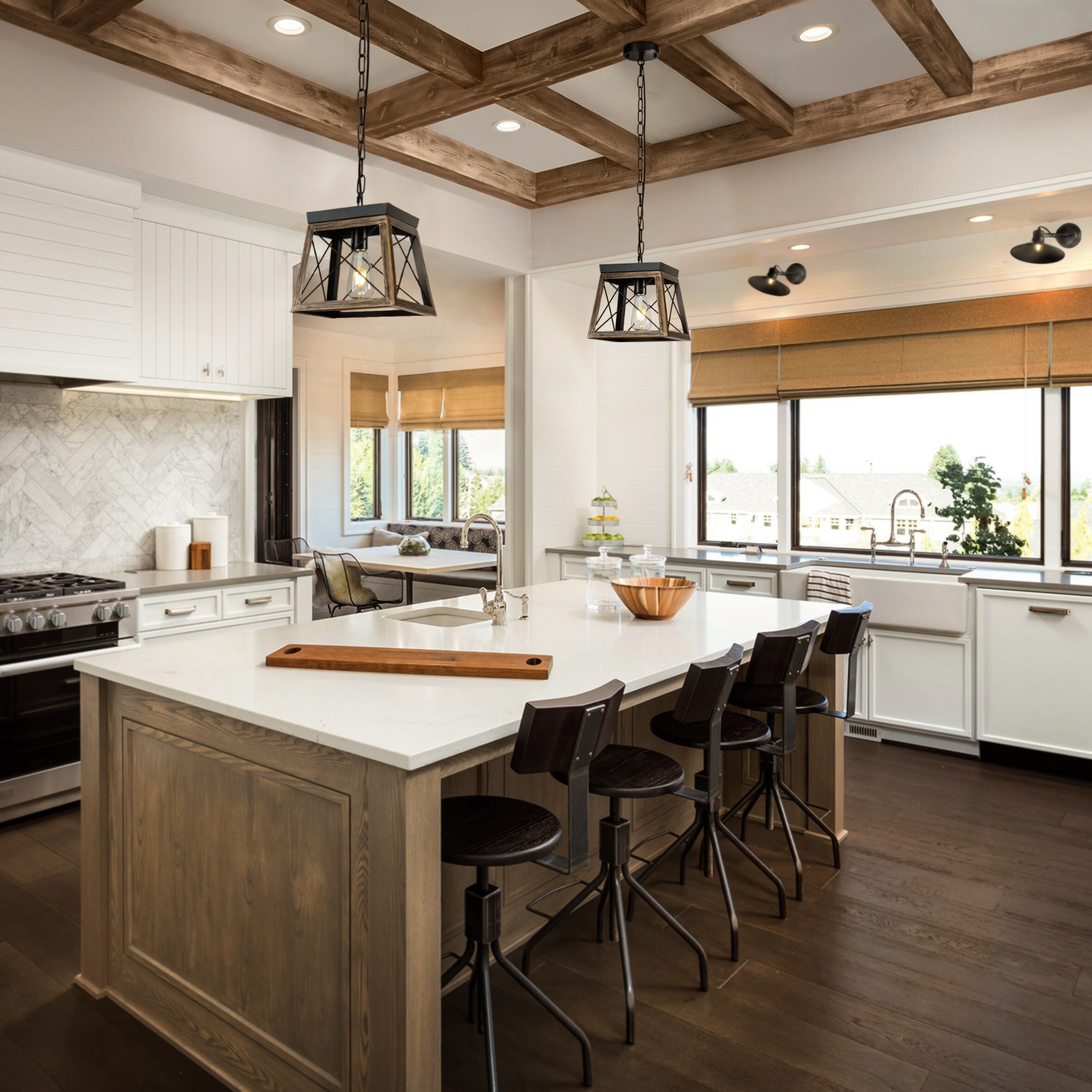 1-Light Unique Farmhouse Square Pendant Light with Wrought Iron