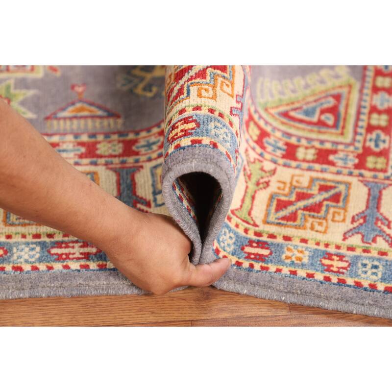 Grey Geometric Kazak Area Rug Handmade Oriental Wool Carpet - 4'1" x 6'2"